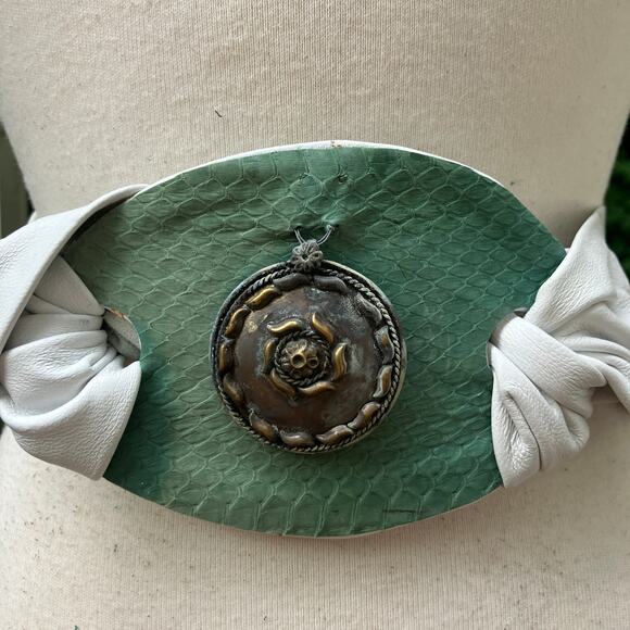 Handmade Leather Belt OOAK Tie Wrap 39” White Green Reptile Earthy Boho Western - Picture 1 of 12